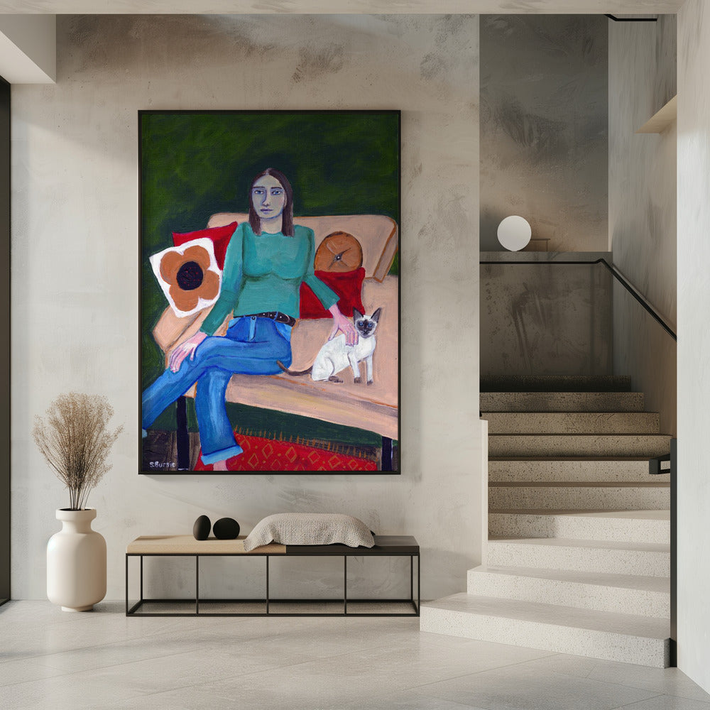 Dame sitzt mit Siamkatze | Poster