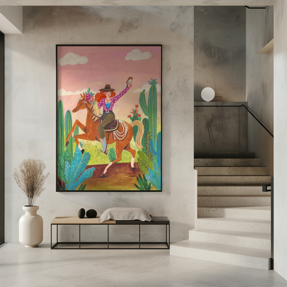 Cowgirl auf Pferd in der Wüste | Poster