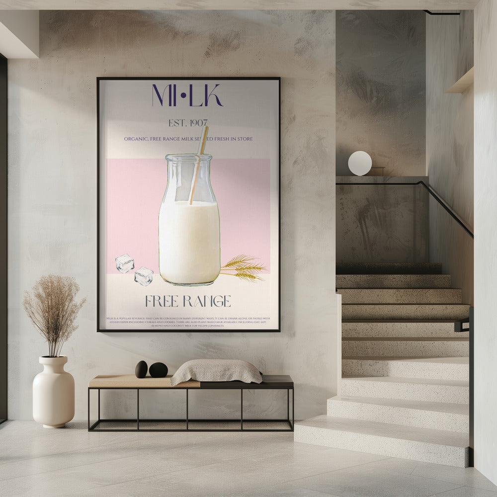 Bio-Freilandmilch in einer durchsichtigen Flasche mit Strohhalm | Poster