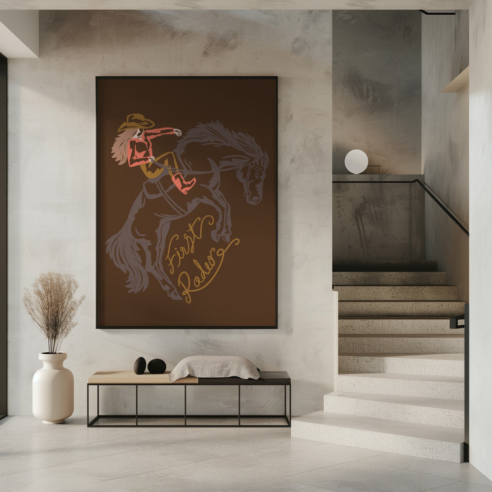 Cowgirl reitet auf einem sich aufbäumenden Pferd | Poster