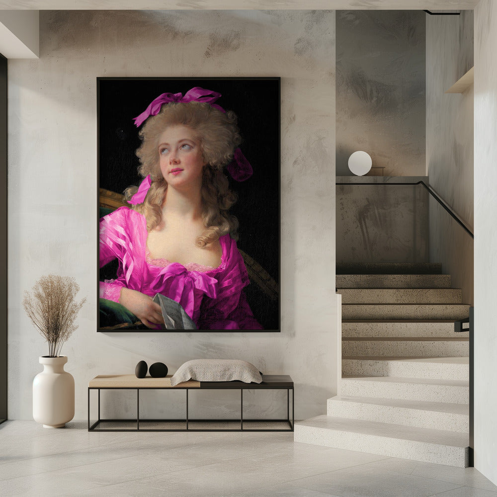 Frau in einem leuchtend rosa Kleid und mit Schleife | Poster