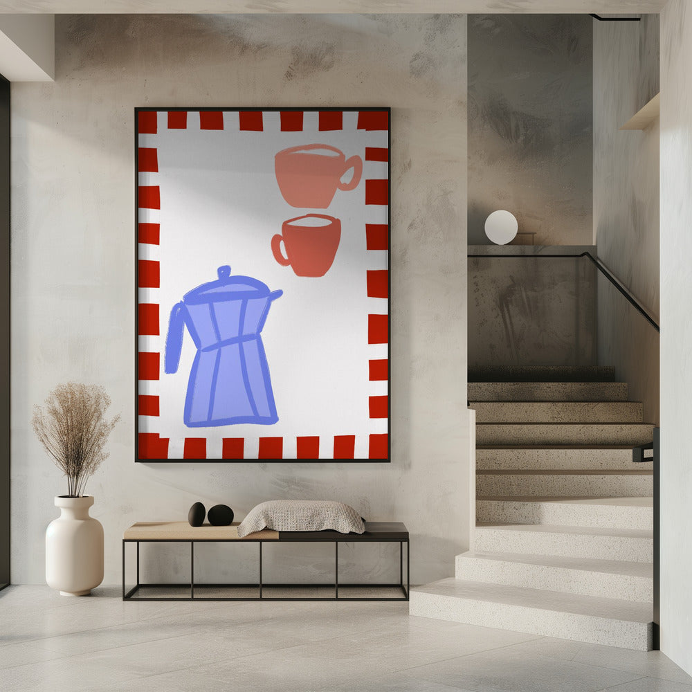 Minimalistische blaue Kaffeekanne und zwei rosa Tassen | Poster