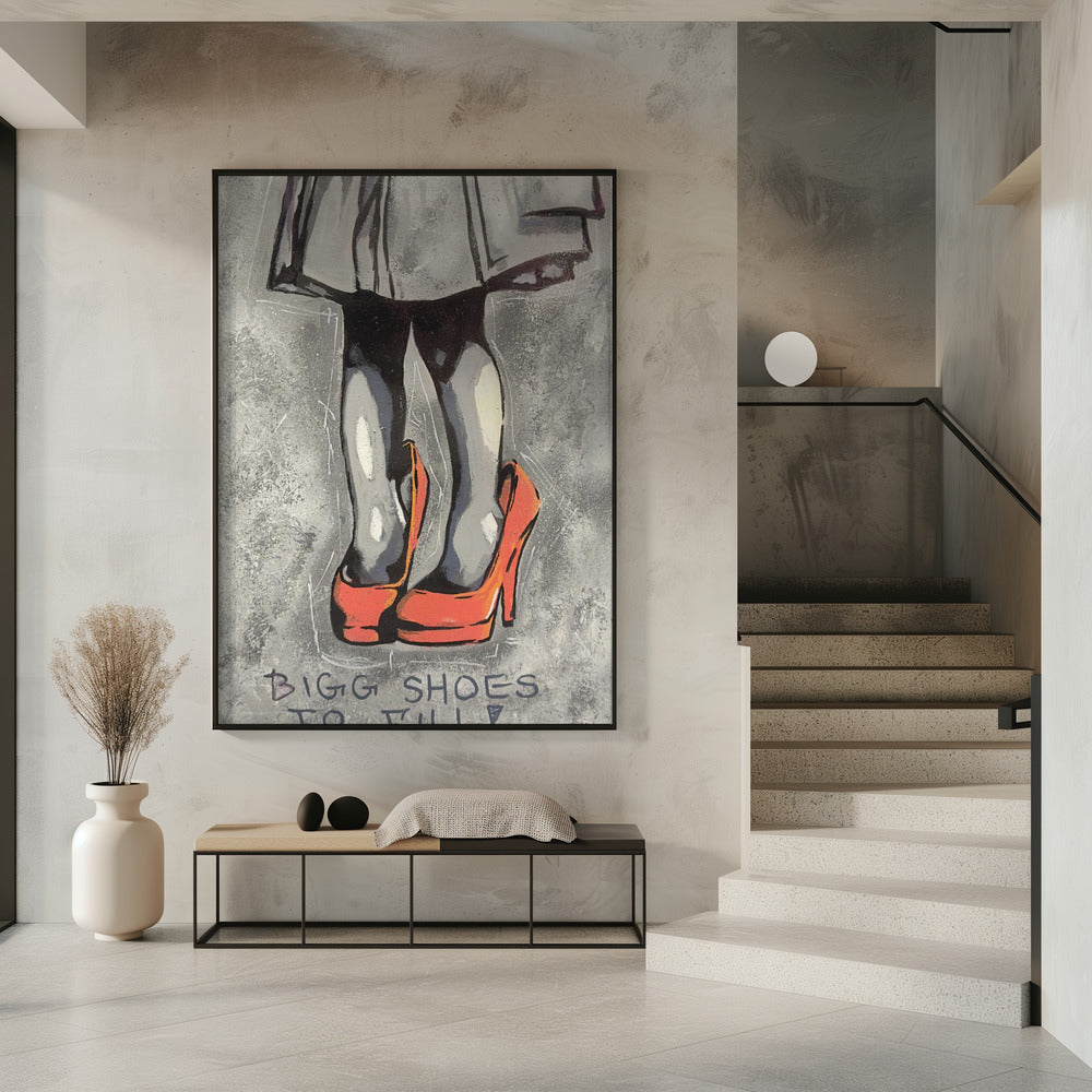 Kind trägt übergroße rote High Heels | Poster