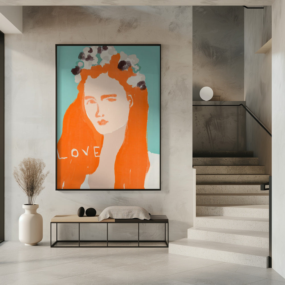 Frau mit orangefarbenem Haar, geschmückt mit Blumen | Poster