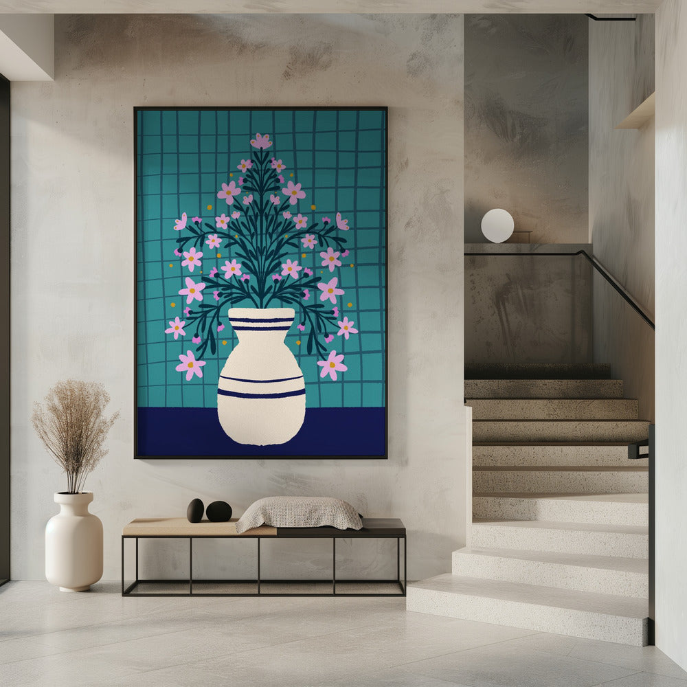 Türkisfarbene Blumen in einer Vase | Poster