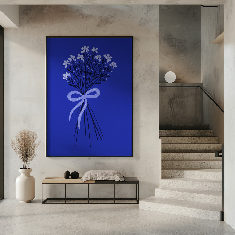 Blumenstrauß mit Schleife - monochrom blau | Poster