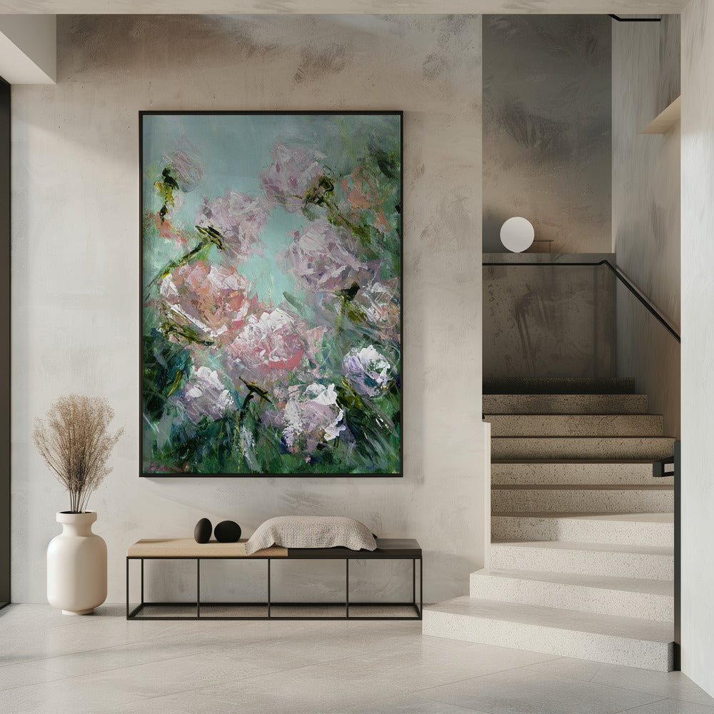 Florale Pinselstriche in Rosa und Grün | Poster
