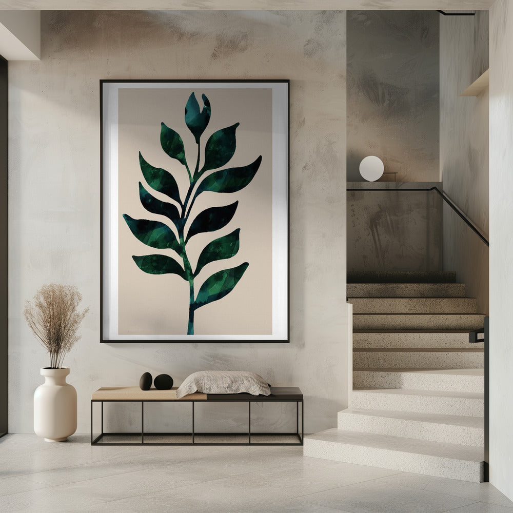 Stilisiertes Pflanzenmotiv mit dunkelgrünen Blättern | Poster