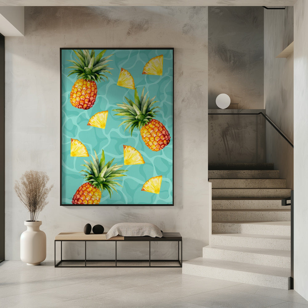 Ästhetisches Muster mit exotischer Ananas und Scheiben – Tropisches Sommeraquarell | Poster
