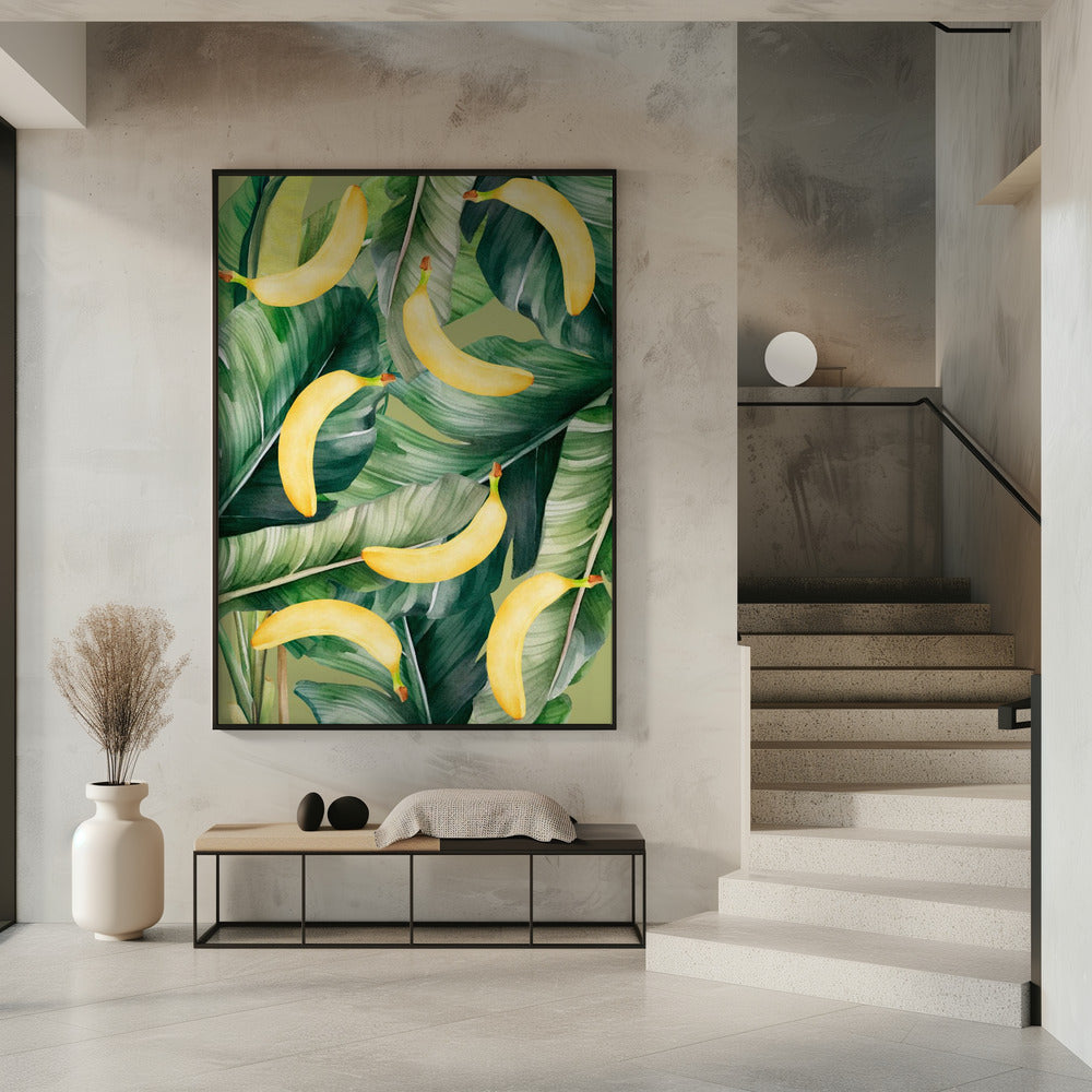 Fresh Banana & Lush Tropical Leaves Aesthetic Pattern - Natural Watercolor Design | Poster