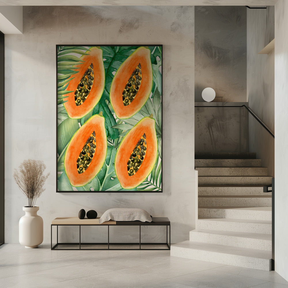 Exotic Papaya and Lush Green Leaves Aesthetic Pattern - Tropical Botanical Watercolor | Poster