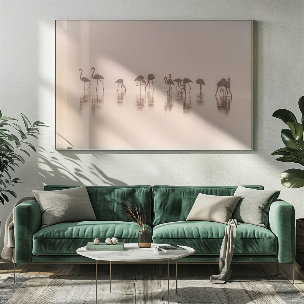 Flamingos im Nebel | Leinwand
