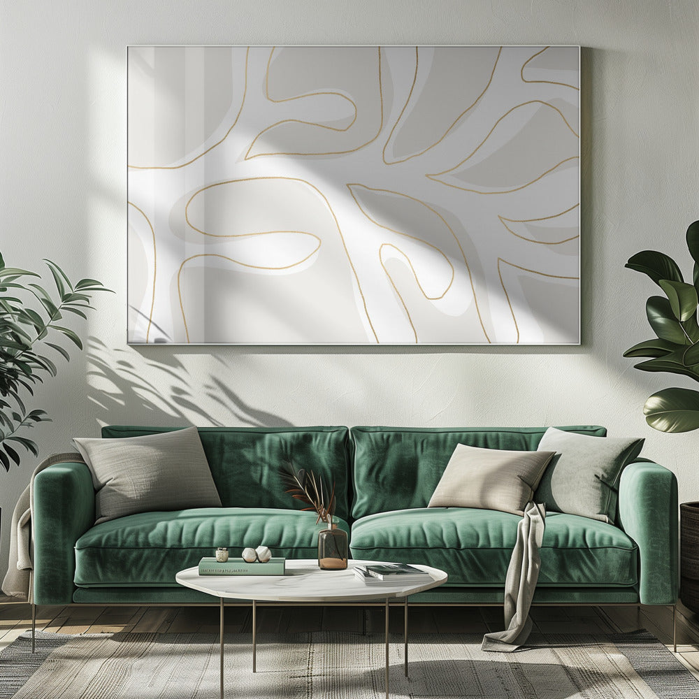 Abstrakter Zweig in Weiß und Gold | Leinwand
