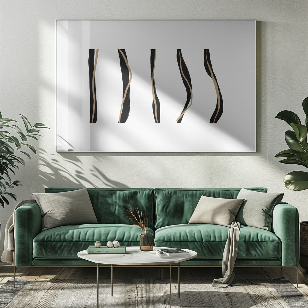Schwarze und beige Wellenlinien auf weißem Hintergrund | Leinwand