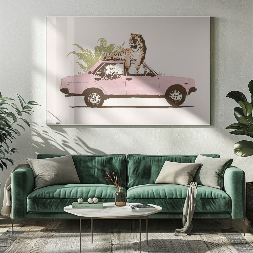 Tiger auf Auto | Leinwand