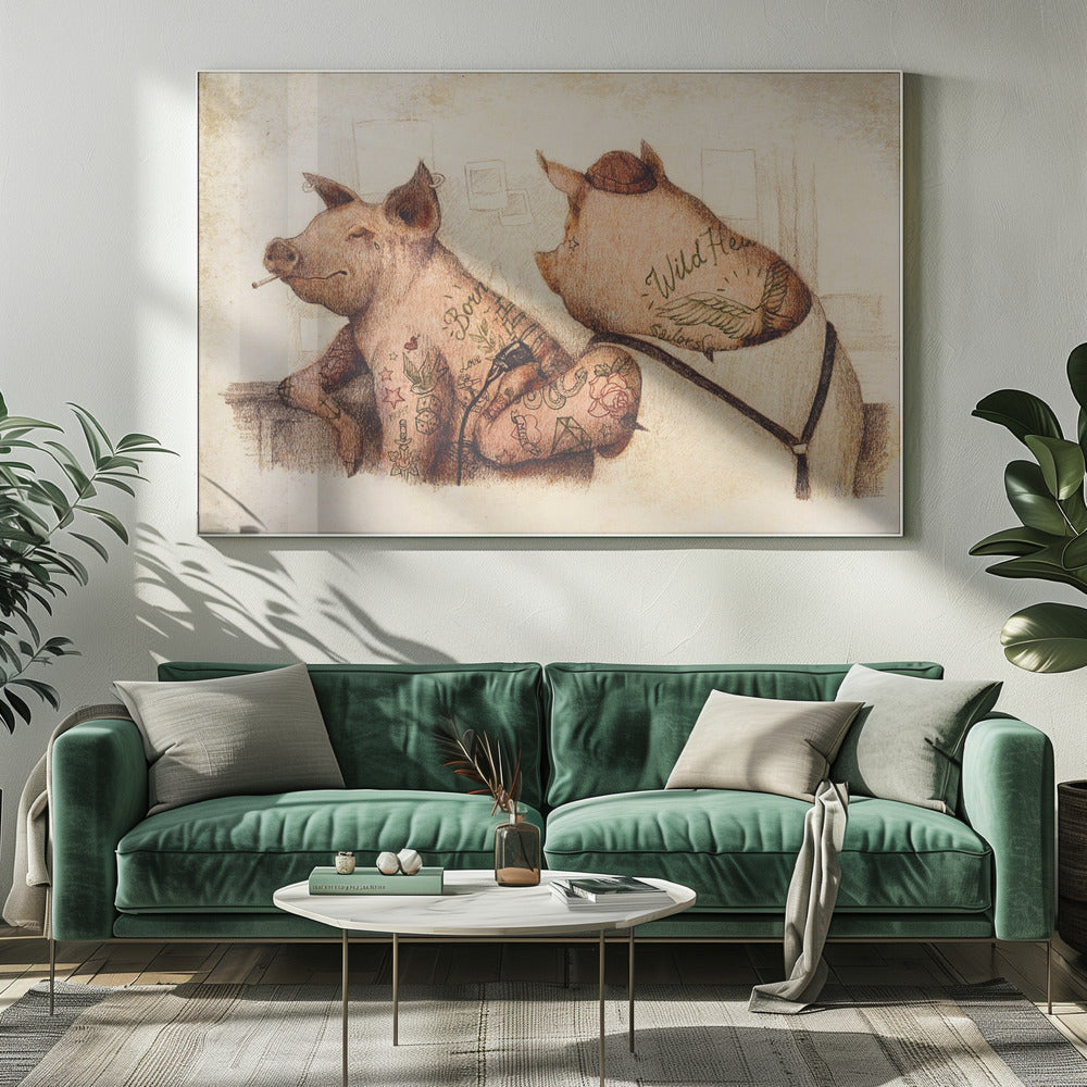 Tätowierte Schweine im Vintage-Stil | Leinwand
