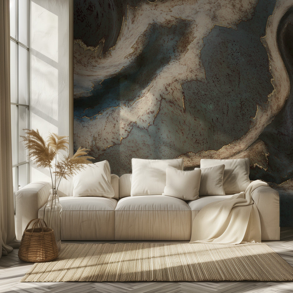 Alkoholtinte Grün Blau Gold Beige | Tapete