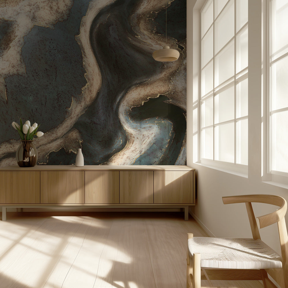 Alkoholtinte Grün Blau Gold Beige | Tapete