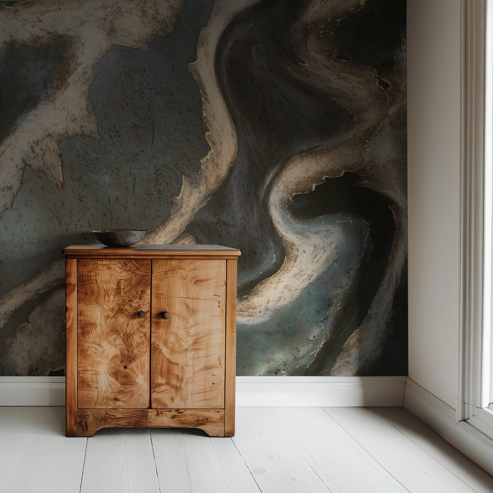 Alkoholtinte Grün Blau Gold Beige | Tapete