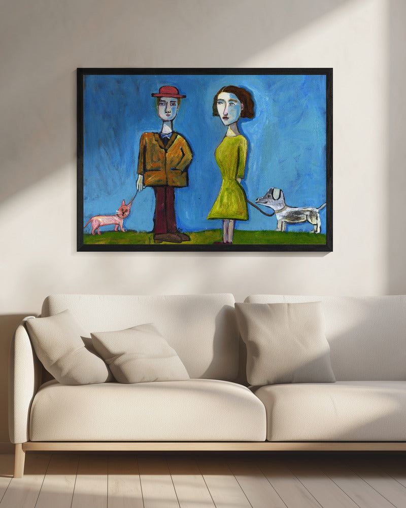 Menschen gehen mit Katze und Hund spazieren | Leinwand