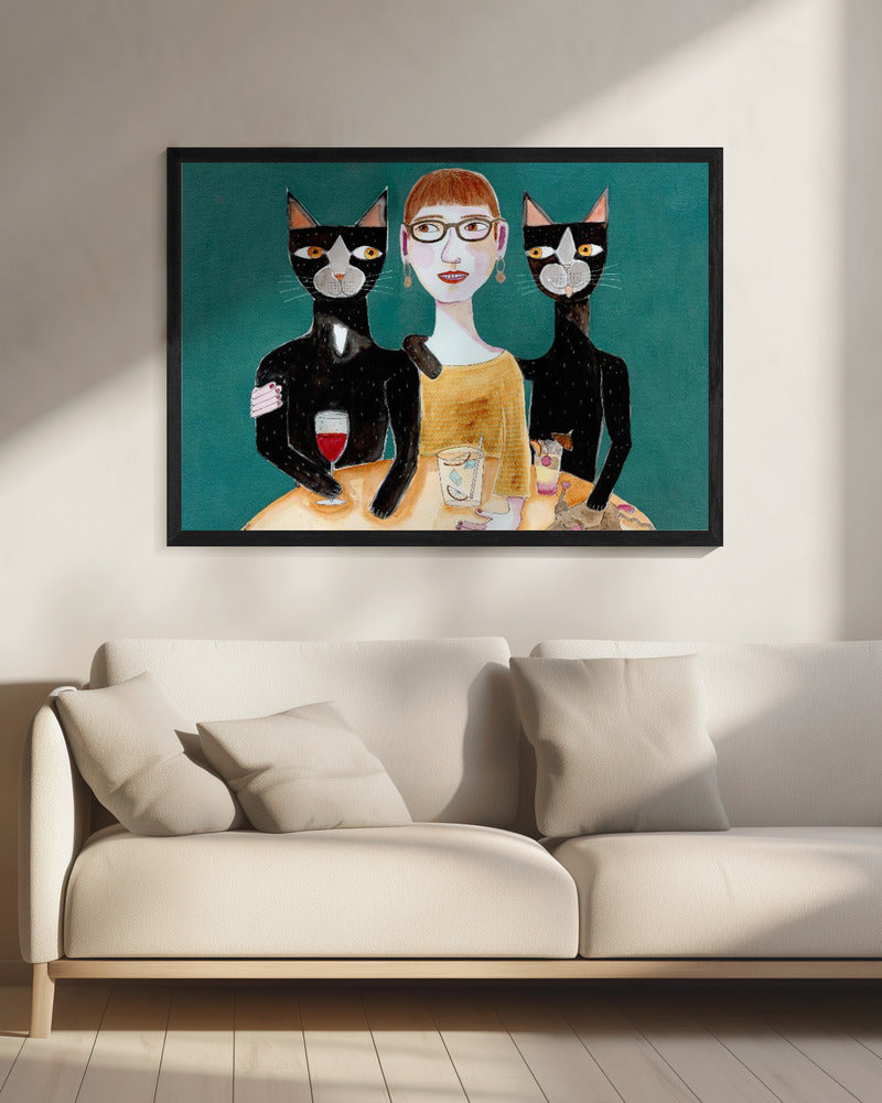 Dame mit ihren zwei schwarzen Katzen beim Trinken | Leinwand