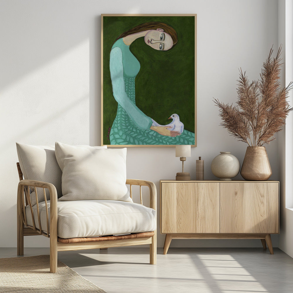 Dame sitzt mit weißer Taube Vogel Frau | Poster