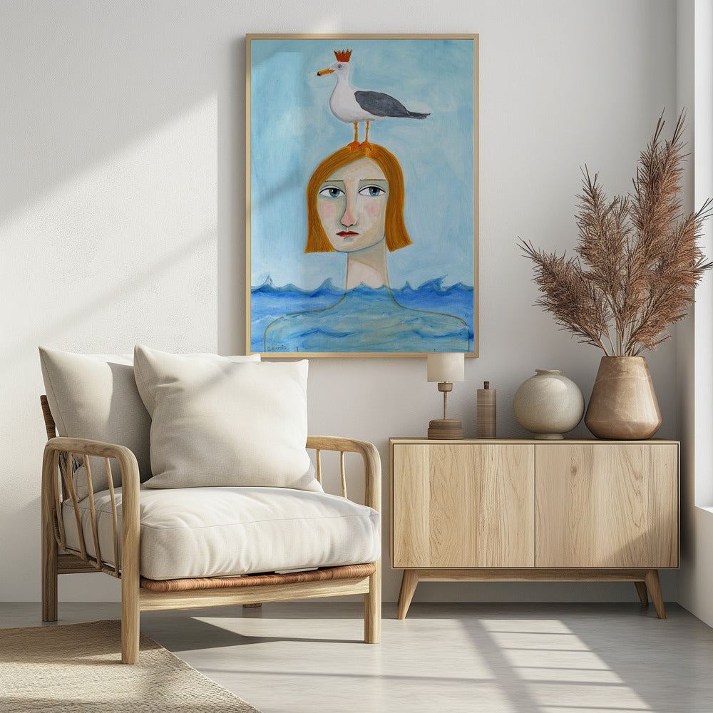 Nackte Dame im Ozean mit Möwe | Poster