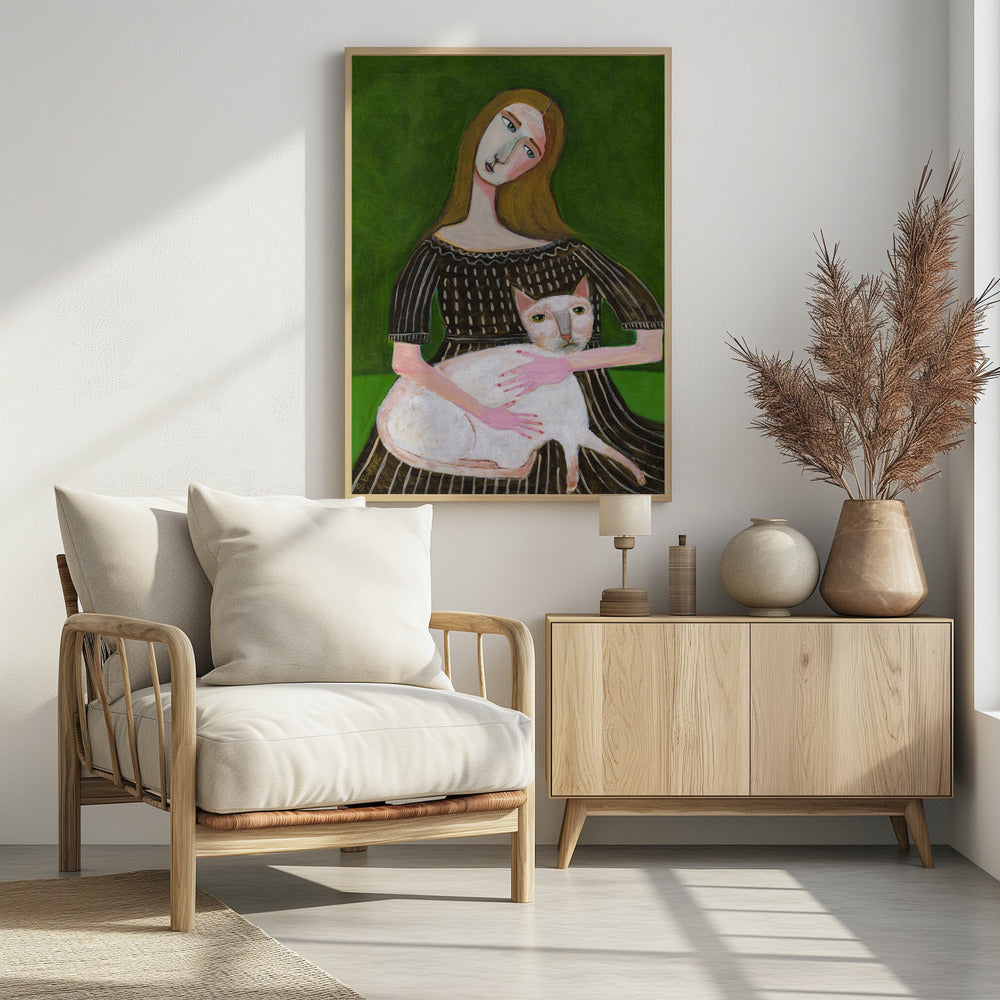 Vintage Dame mit weißer Katze | Poster