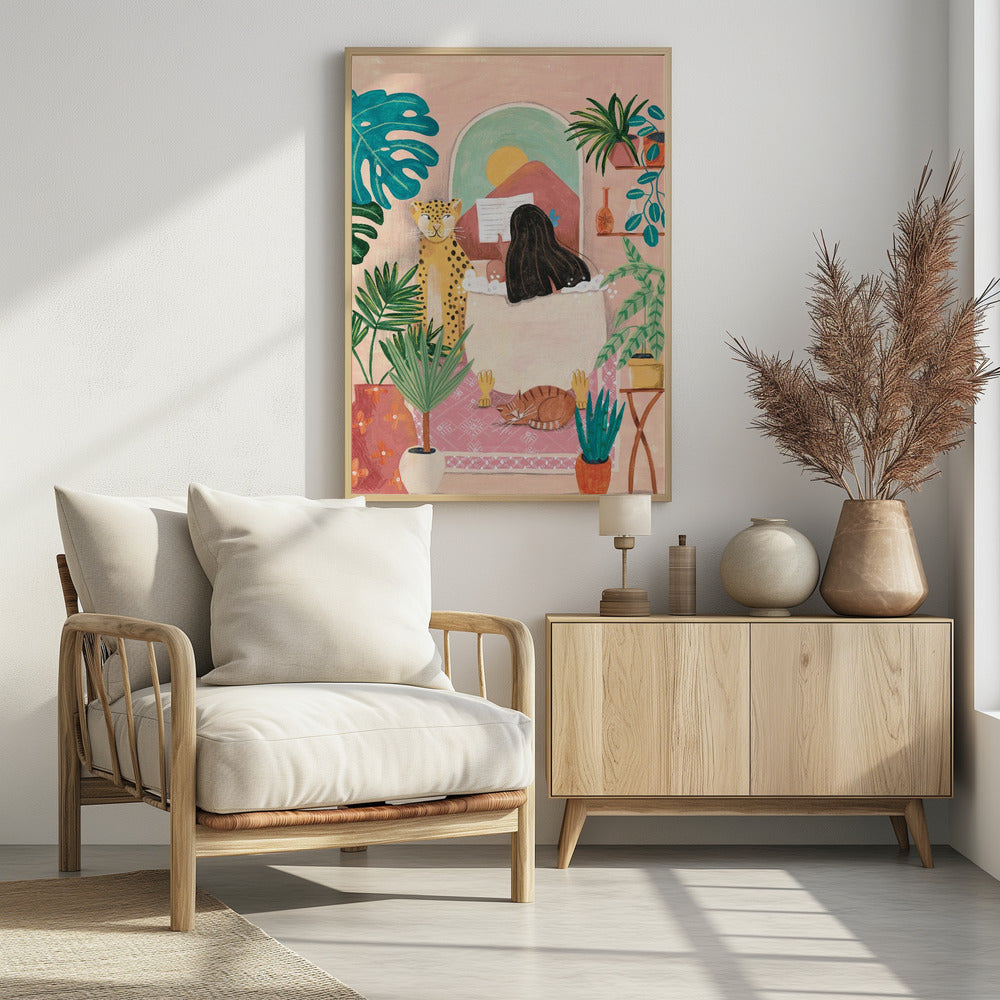 Frau badet in rosa tropischem Badezimmer | Poster