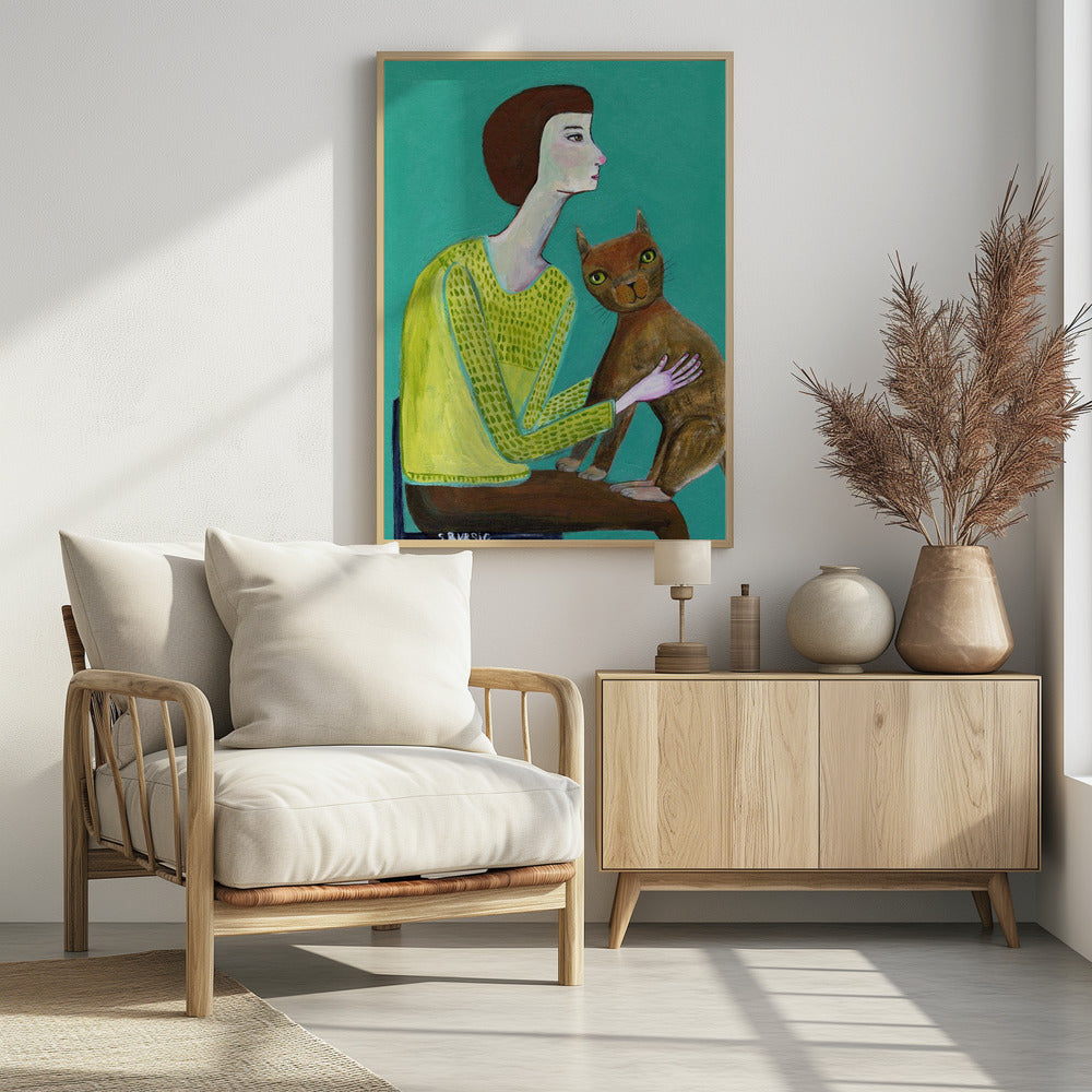 Dame sitzt mit brauner Katze Katzenliebhaber | Poster