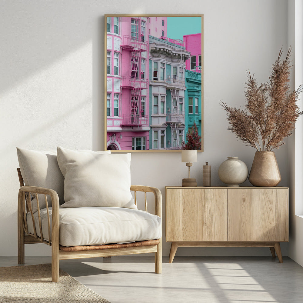 Rosa und blaue Reihenhäuser in San Francisco | Poster