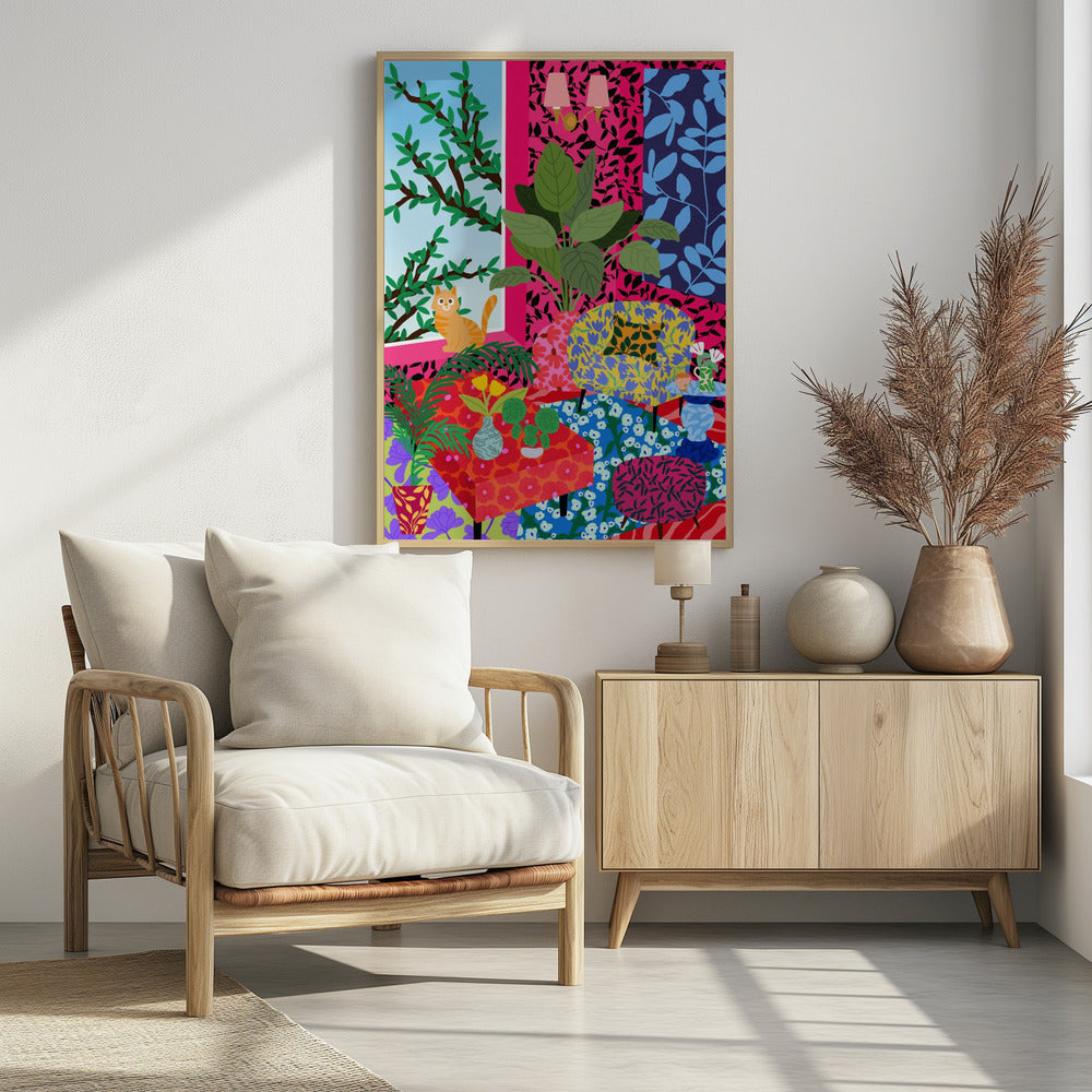 Katze im Flower-Power-Wohnzimmer | Poster