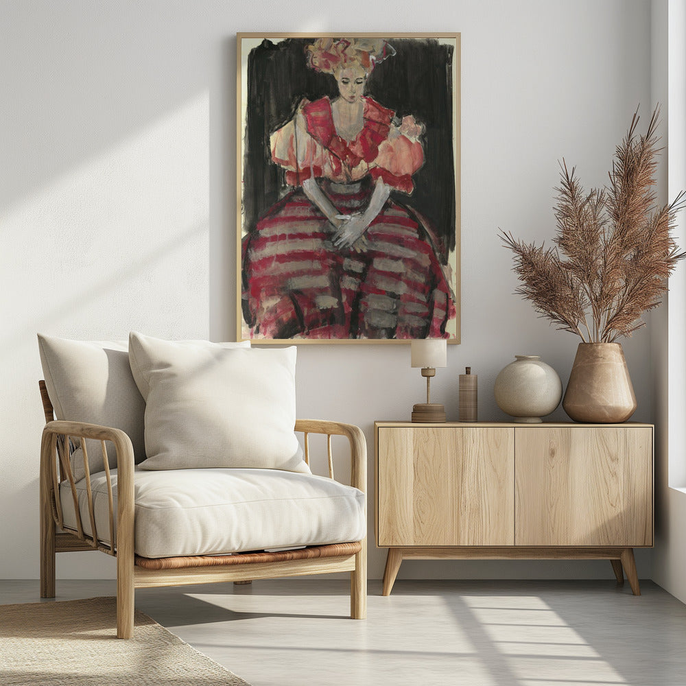 Frau in einem fließenden rot gestreiften Kleid | Poster