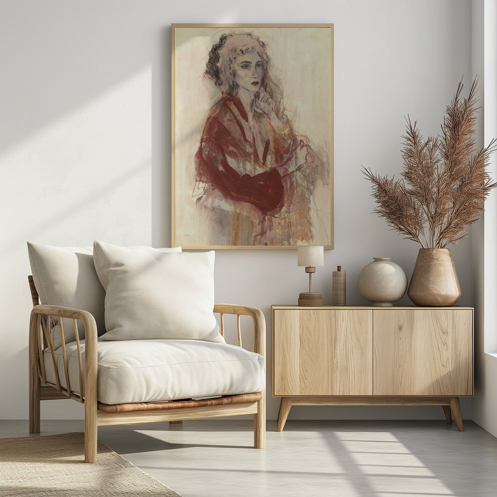 Kontemplative Frau in warmen Rottönen | Poster