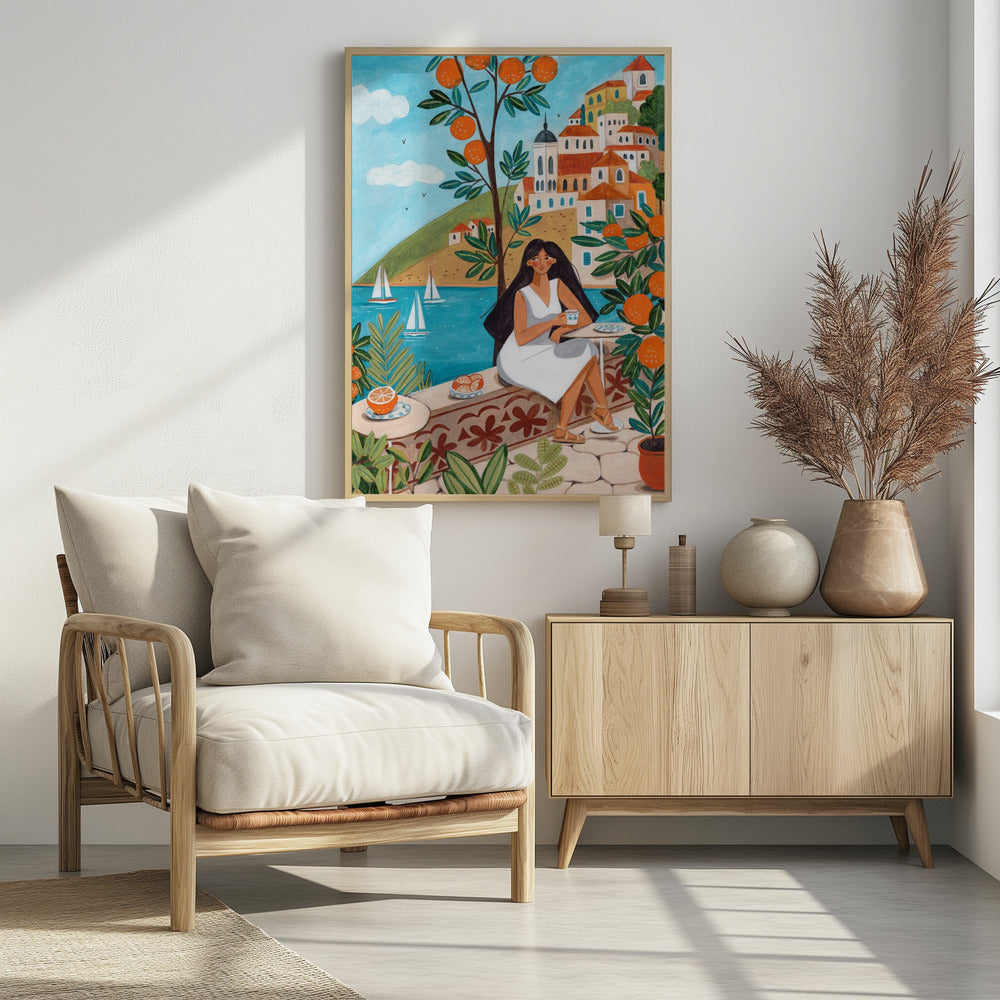 Reiseplakat Frau an der Mittelmeerküste | Poster