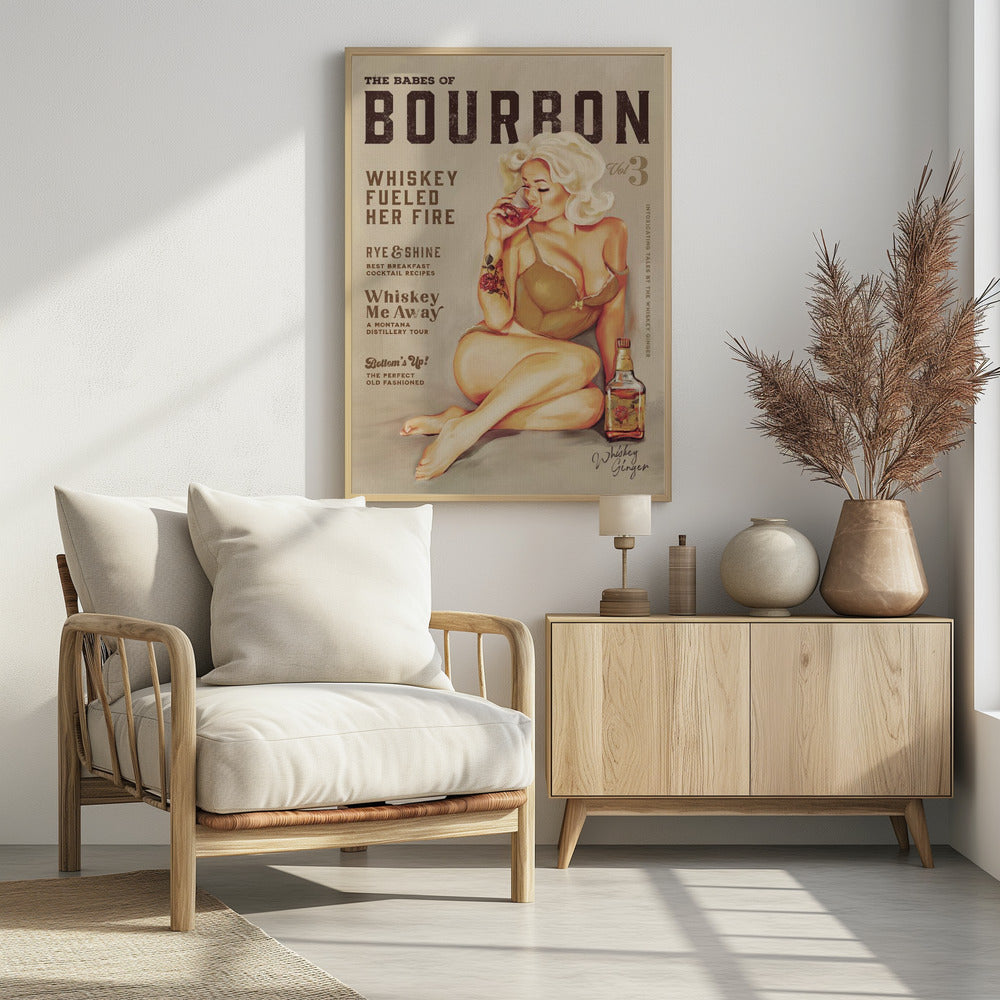 Bourbon Wall Art. Sexy Vintage Pin Up Girl Drinking Whiskey | Poster