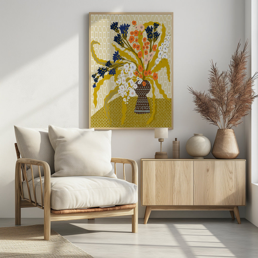 Florales zeitgenössisches Stillleben Senfgelb | Poster