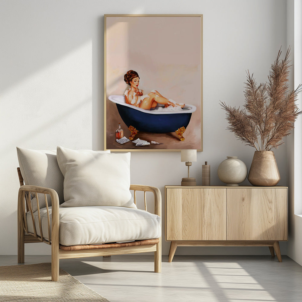 Bathtub Drinks: Pinup Girl Drinking In Bathroom | Poster