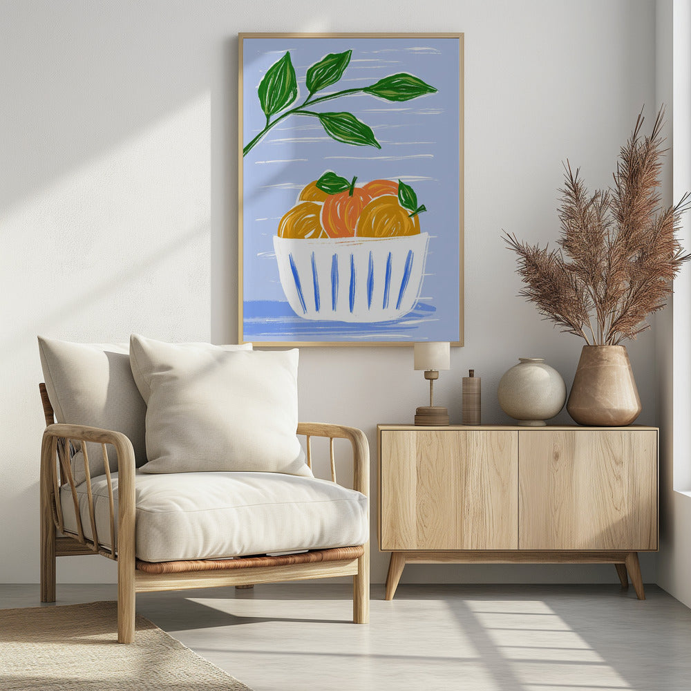 Orangen und Blätter in einer weißen Schüssel | Poster