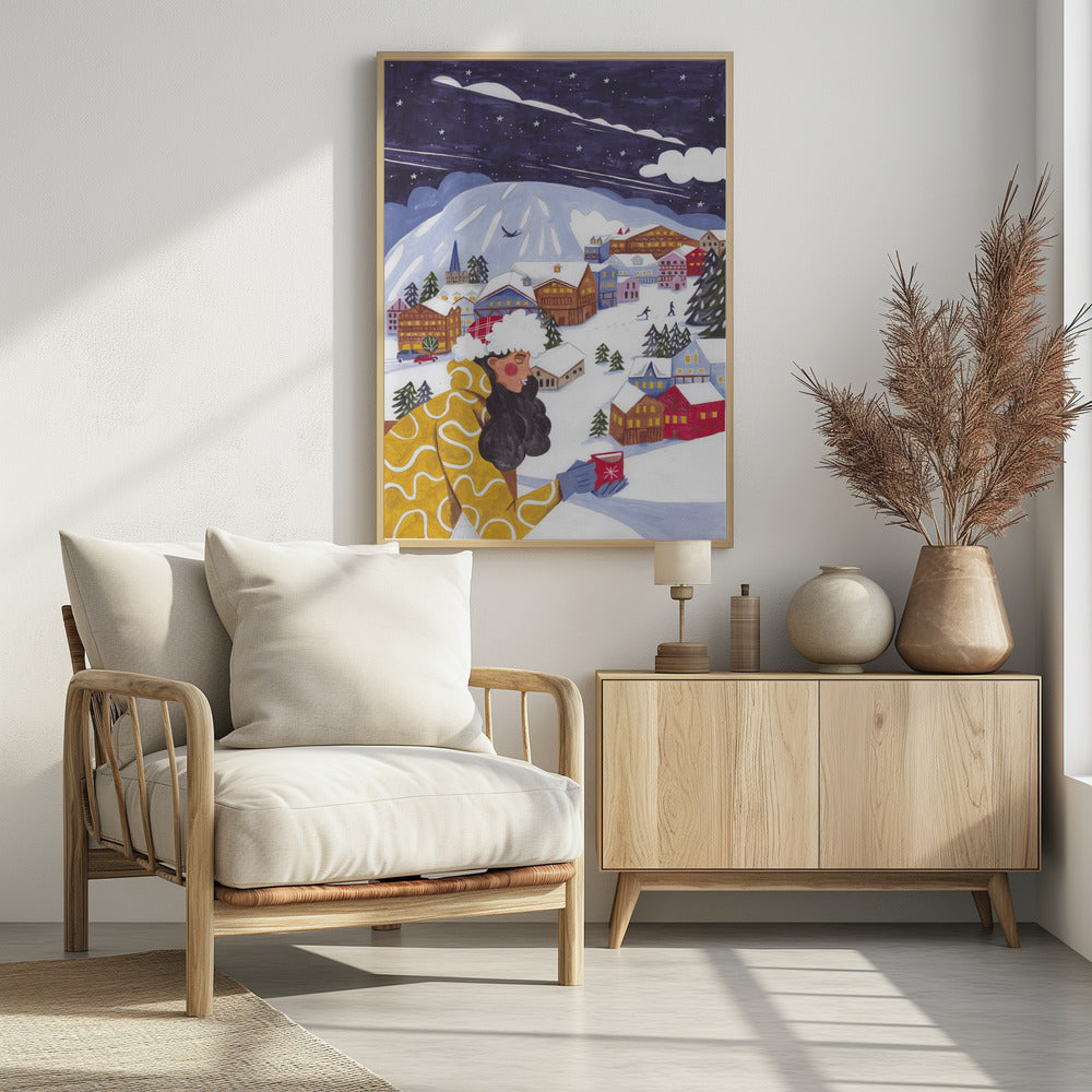 Winterlandschaft mit Frau und Kaffee | Poster