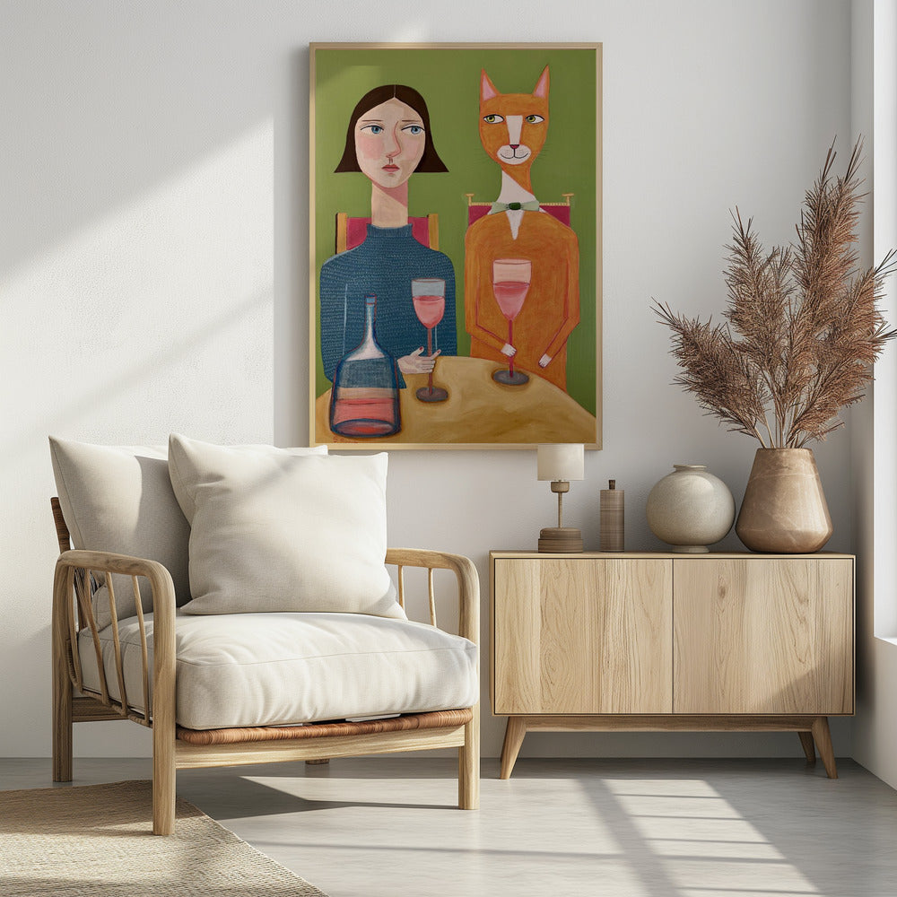 Lady and Cat Drinking Wine | Poster