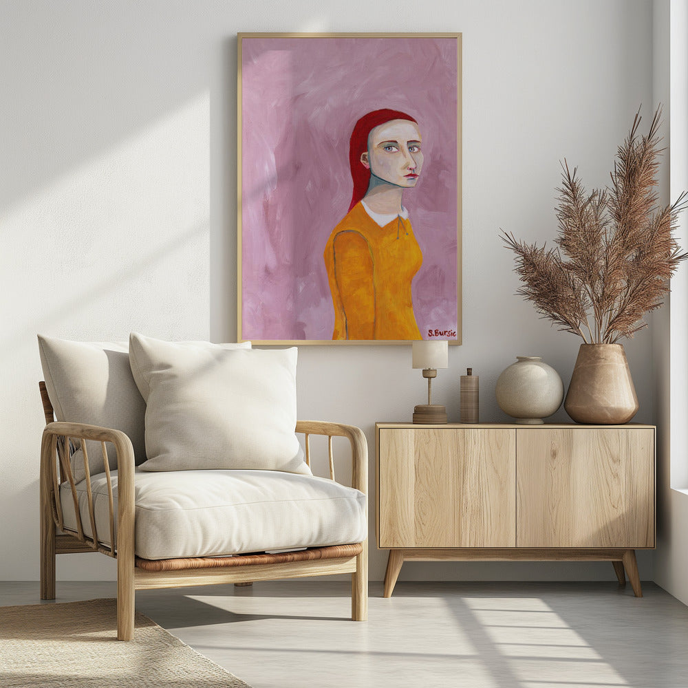 Dame im gelben Kleid und rosa Hintergrund | Poster