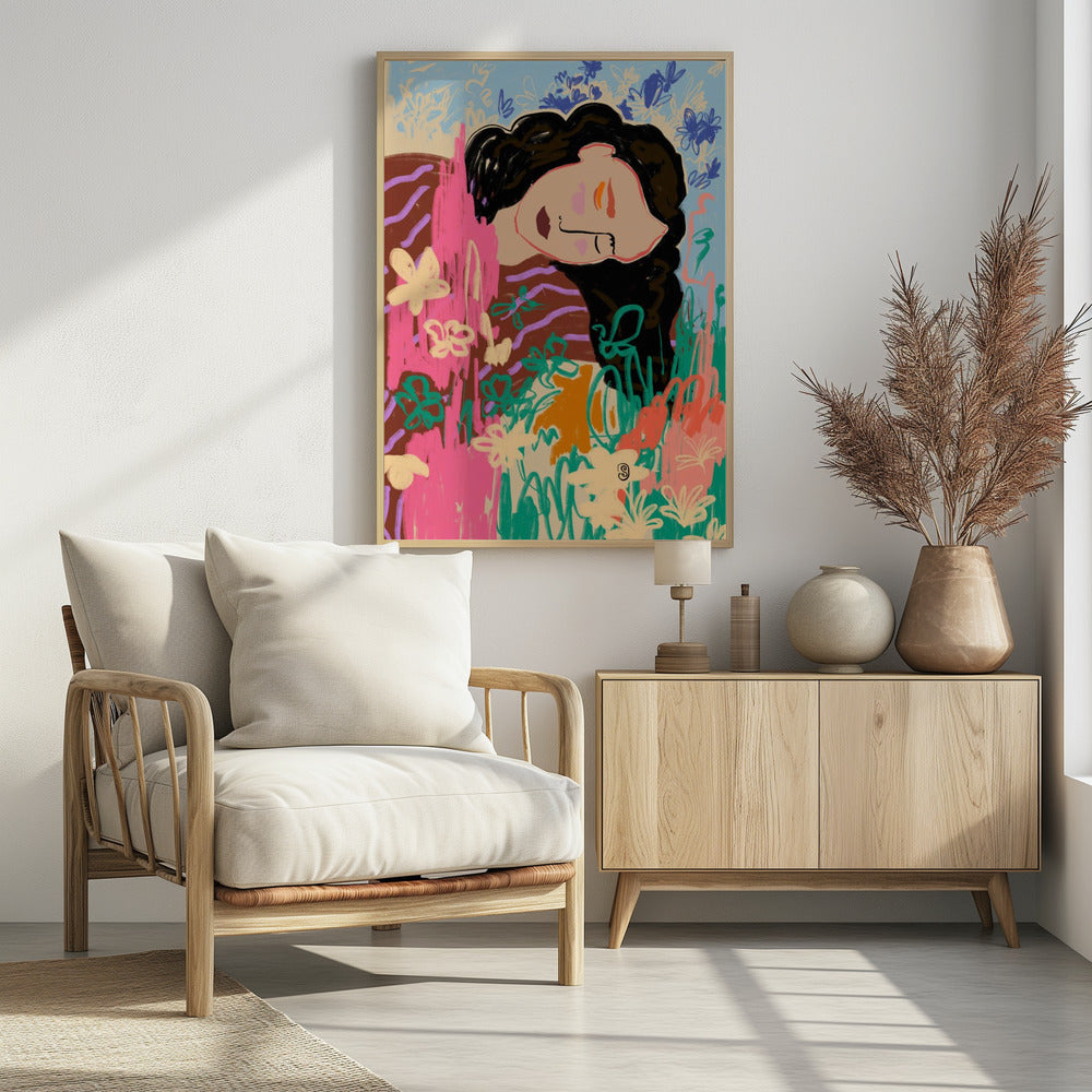 Ausdrucksstarke Figur umgeben von bunten Blumen | Poster