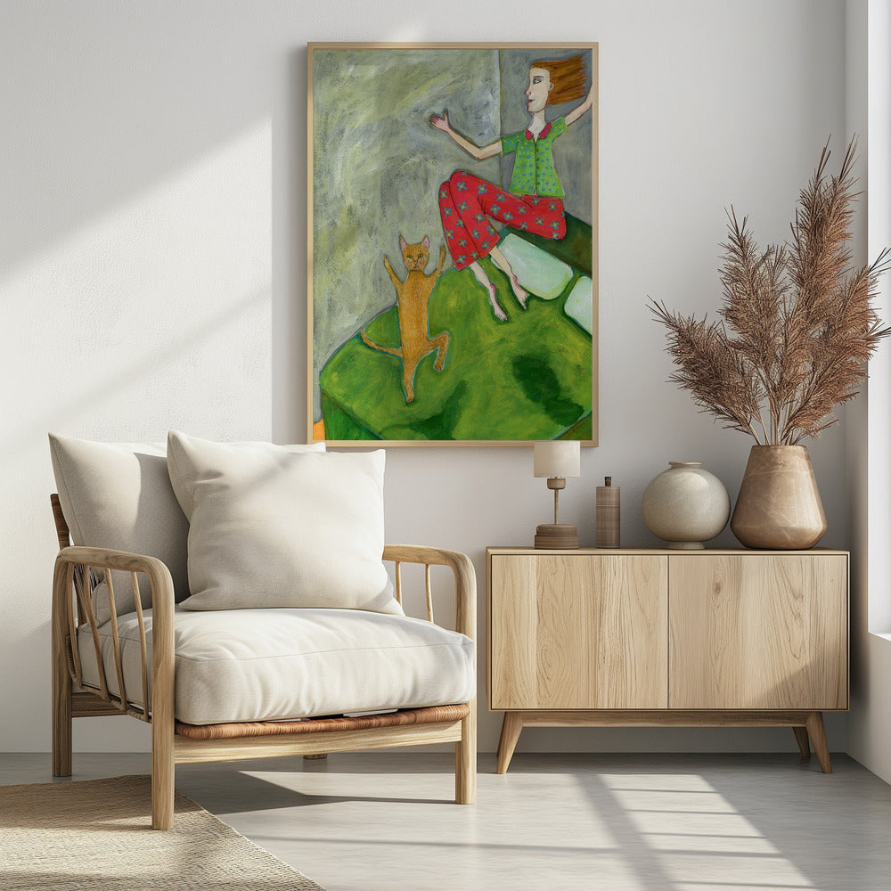 Katzenliebhaber springt fröhlich | Poster
