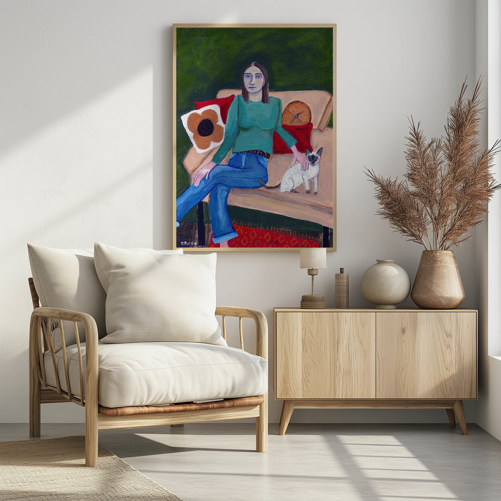 Dame sitzt mit Siamkatze | Poster
