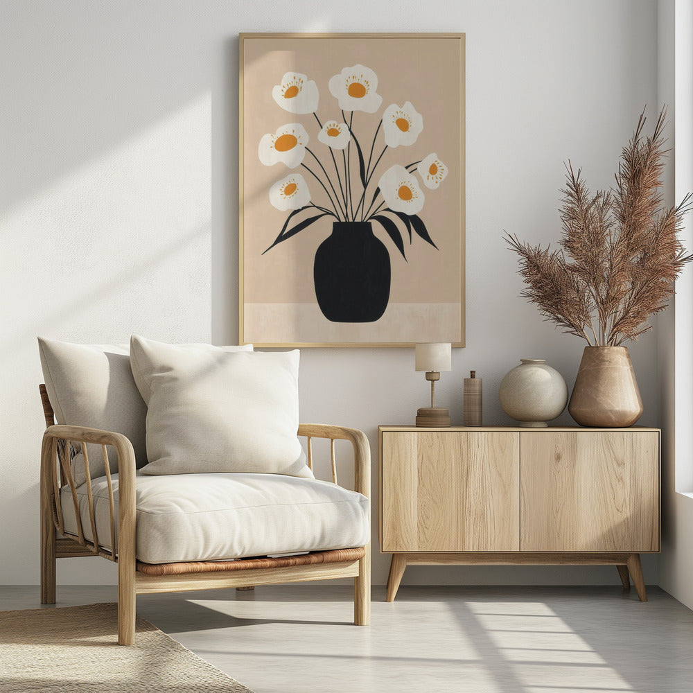 Weiße Blumen in schwarzer Vase | Poster