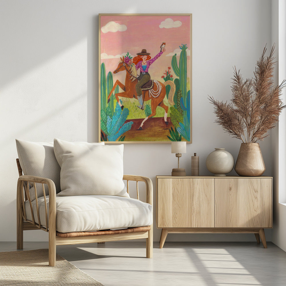 Cowgirl auf Pferd in der Wüste | Poster