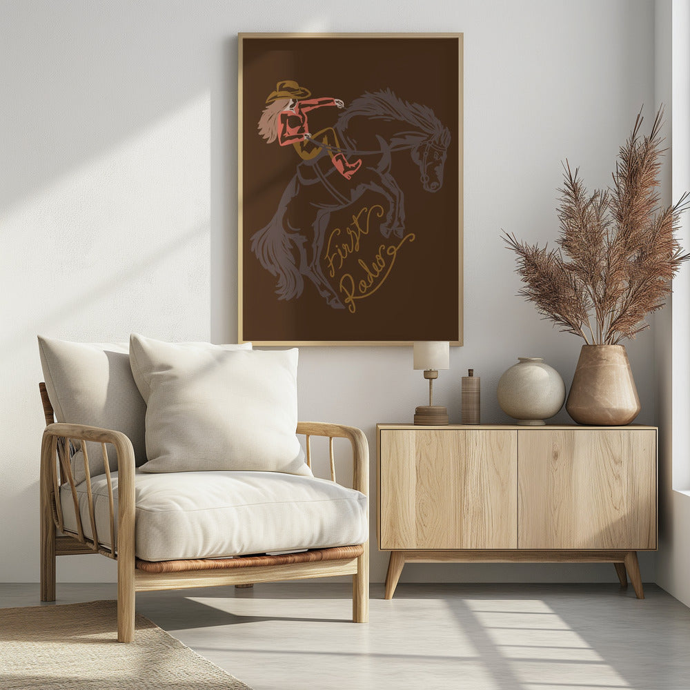 Cowgirl reitet auf einem sich aufbäumenden Pferd | Poster