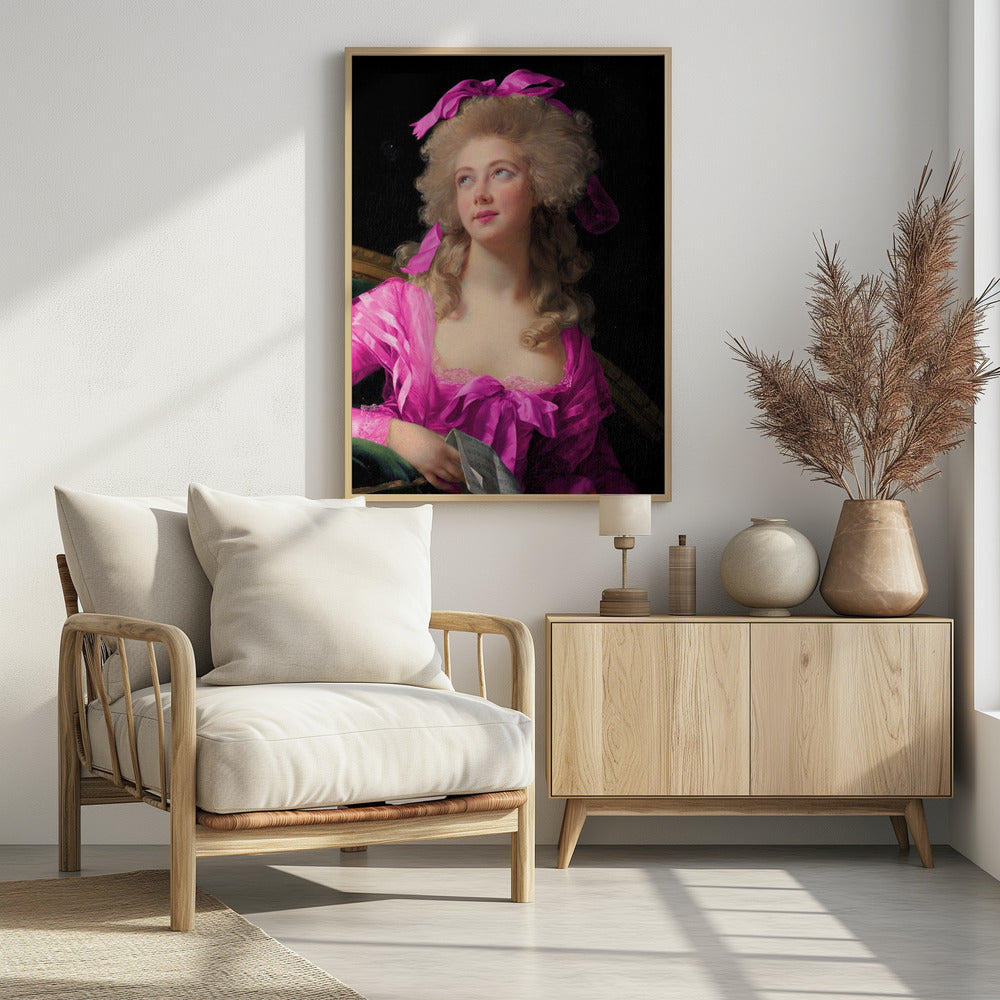 Frau in einem leuchtend rosa Kleid und mit Schleife | Poster