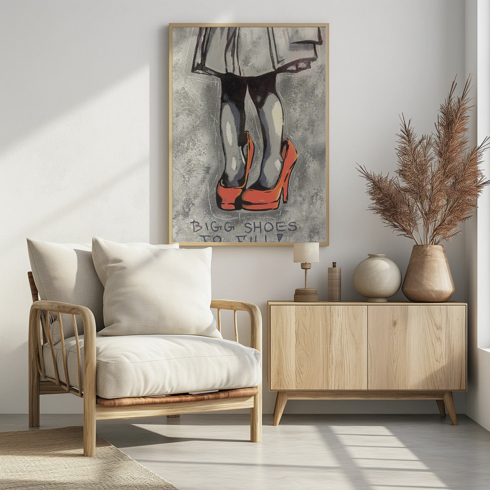 Kind trägt übergroße rote High Heels | Poster